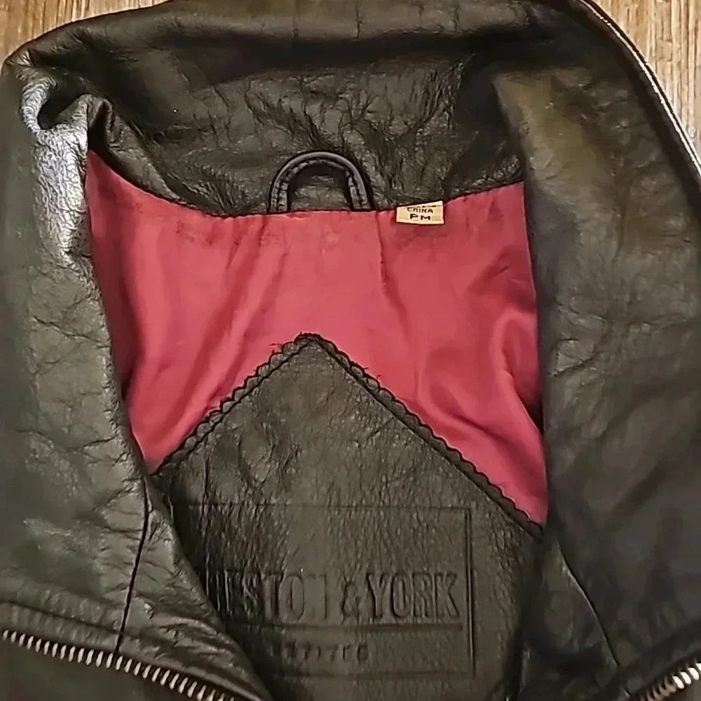 Womens Preston & York Black Leather Trench Moto Jacket Sz Petite Medium - Picture 2 of 7